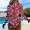 Women Long Sleeve One Piece Swimsuit Zip Front Gilded Fluid Print Rash Guard Surfing Bathing Suit