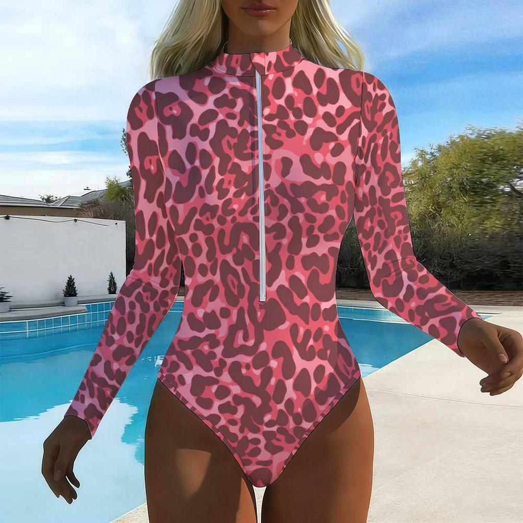 Women Long Sleeve One Piece Swimsuit Zip Front Gilded Fluid Print Rash Guard Surfing Bathing Suit