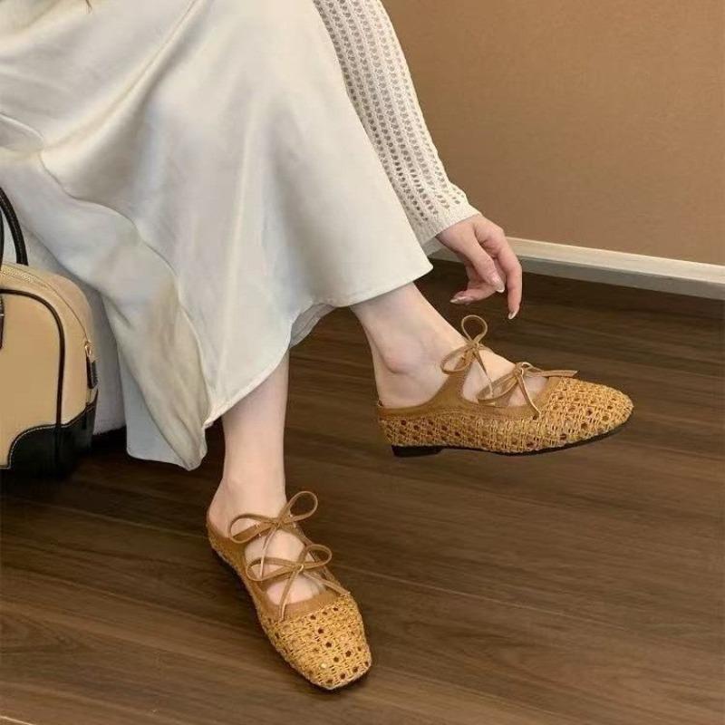 Fashion Women Slippers 2025 Summer New French Braided Hollow Bow Mary Jane Single Shoes with Inner Height Increase Baotou Half Slippers