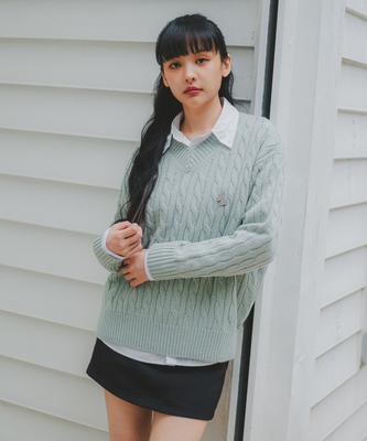 BAKKEN Point Logo Pendant V-Neck Cable Knit Bk8941_Mint