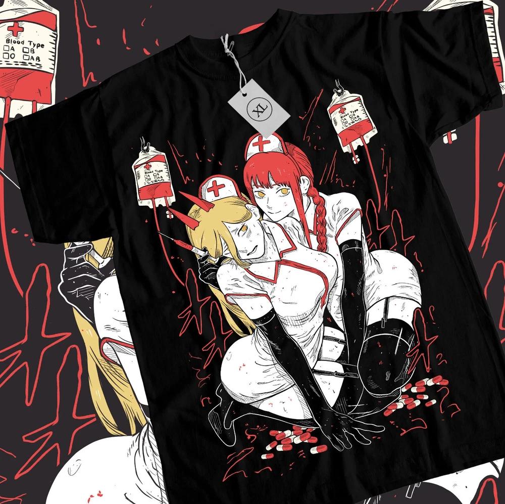 Anime Chainsaw Unisex Makima Power Cute Nurses Graphic Black TShirt Size S4XL S