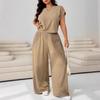 Plus Size Women 2 Piece Outfits Short Sleeve Crop Top Elastic Wide Leg Pants Casual Lounge Set Summer 2026