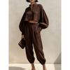 2026 Womens Relaxed Linen Cotton Short Top Elastic Waist Lantern Pants Set Casual Outfit