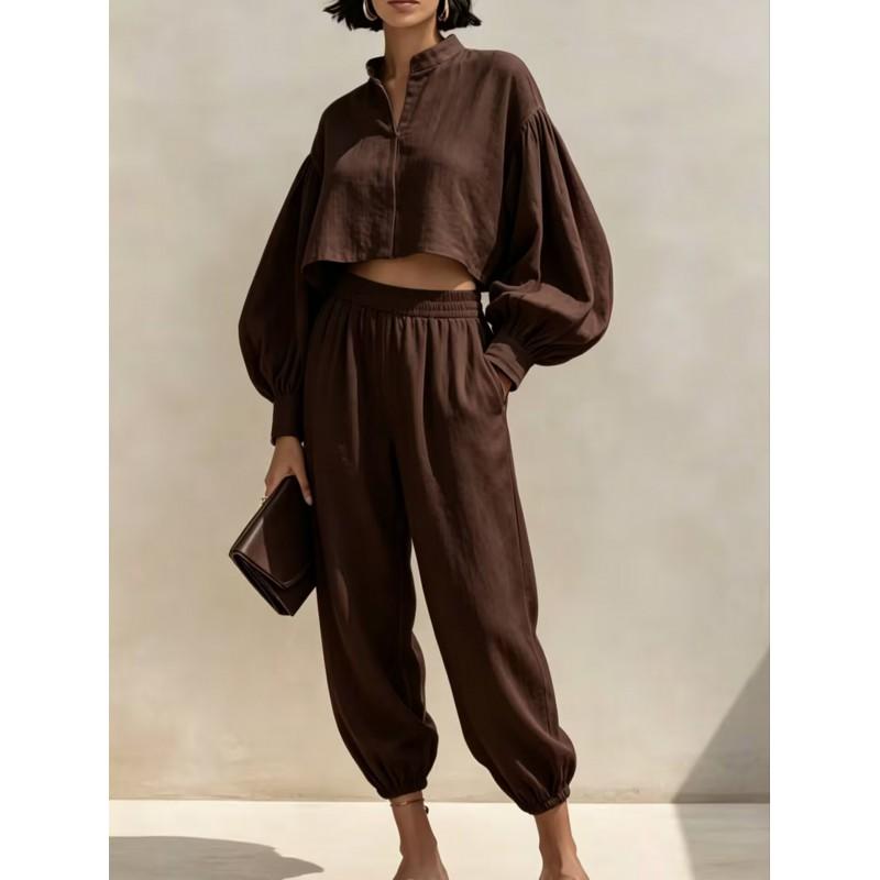 2026 Womens Relaxed Linen Cotton Short Top Elastic Waist Lantern Pants Set Casual Outfit