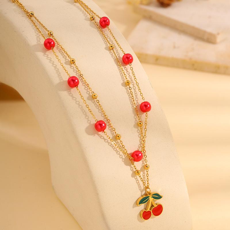Stainless steel necklace pastoral cherry pendant necklace does not fade female titanium steel necklace fresh small cherry necklace