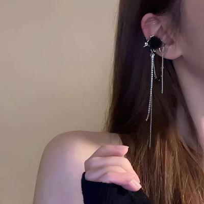 S Silver Needle Korean Black Rose Long Tassel Temperament Sweet and Spicy Light Luxury Niche Premium Design Earrings