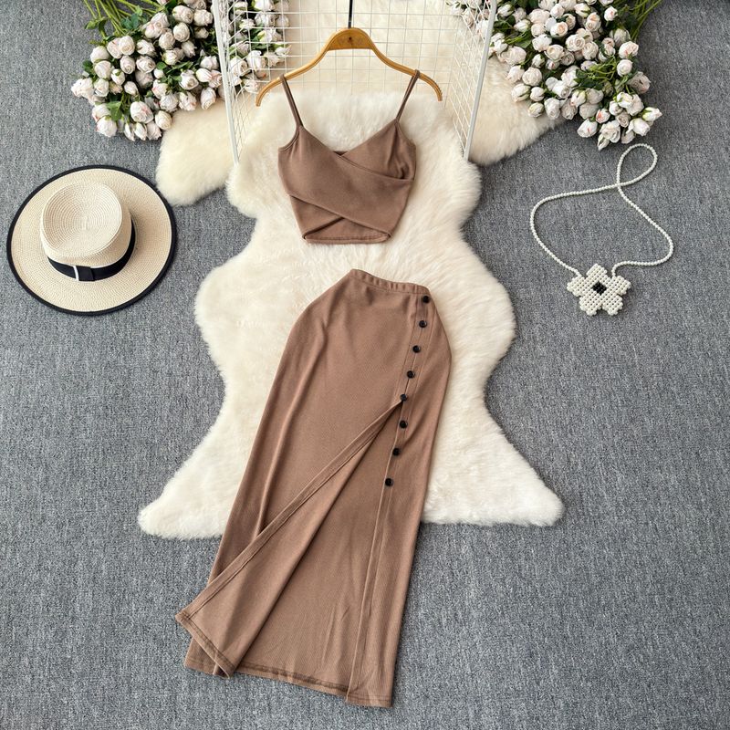 

Fashion Suit Women s Summer Sexy Padded Strap Vest Two-Piece Set High Waist Slimming Slit Sheath Skirt Khaki One size
