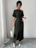 Summer Off-Shoulder Dress for Women, Solid Color Split Elegant Slim Fit Bodycon Maxi Dress