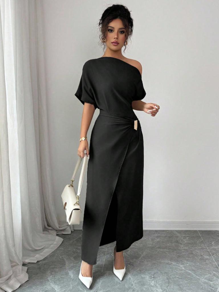 Summer Off-Shoulder Dress for Women, Solid Color Split Elegant Slim Fit Bodycon Maxi Dress