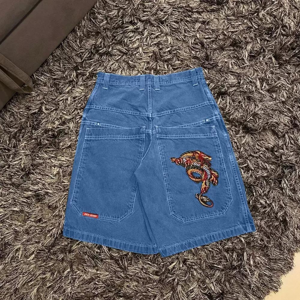 Hip Hop Retro Szorty Jeansowe Y2k Niebieski Prany Szeroka Nogawka Proste Spodnie Robocze Męskie Damskie Streetwear Jorts Odzież