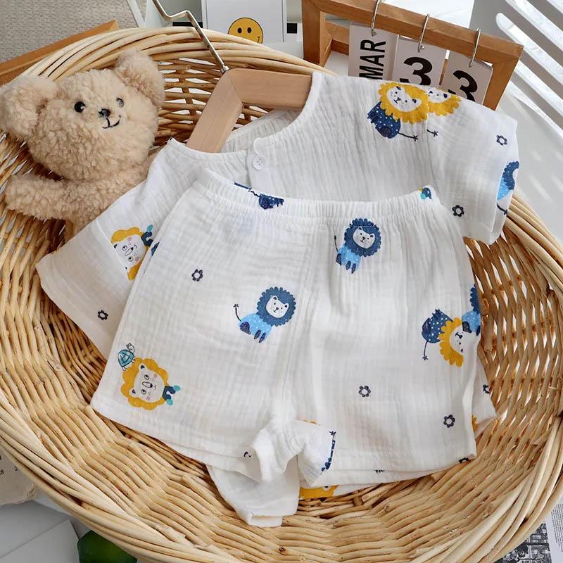 Baby Summer Home Set Yarn Cotton Summer Thin Section Boys and Girls 1-3 Years Old Casual Loose Cute Short-sleeved Cardigan Pajamas Two-piece Set