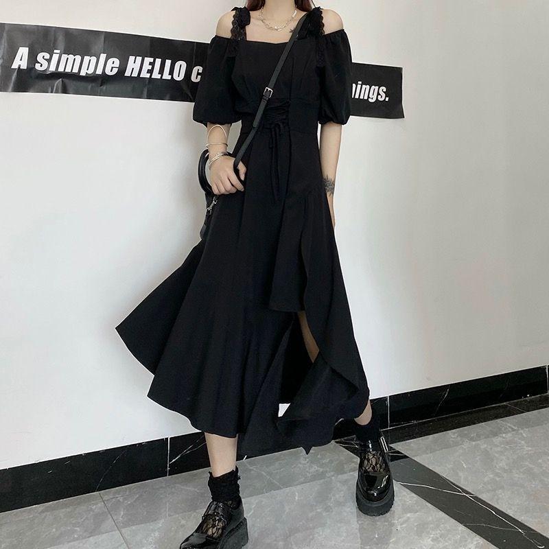 Black long dress women's summer new belly covering irregular knee thin suspender dress