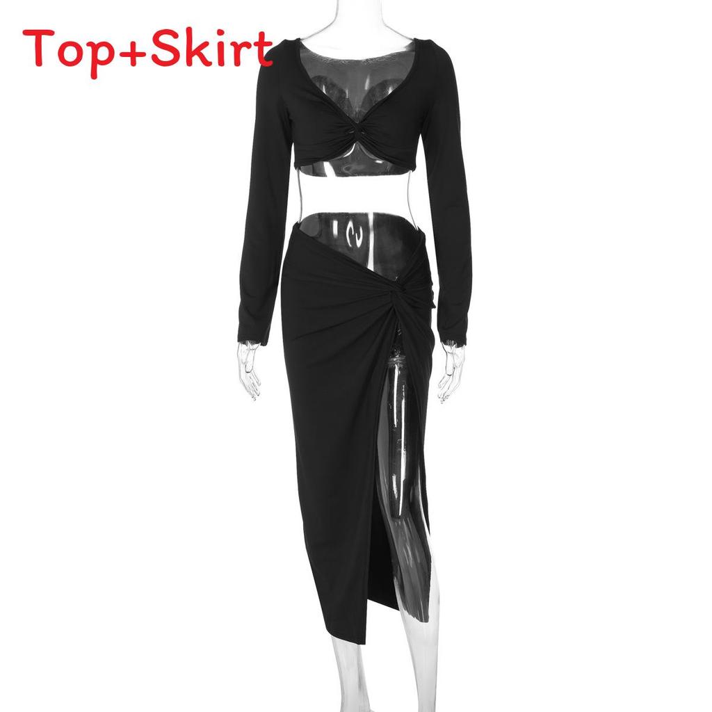Streetwear Womens Long Sleeve V Neck Dress Set With Slit And Splicing For Casual Style