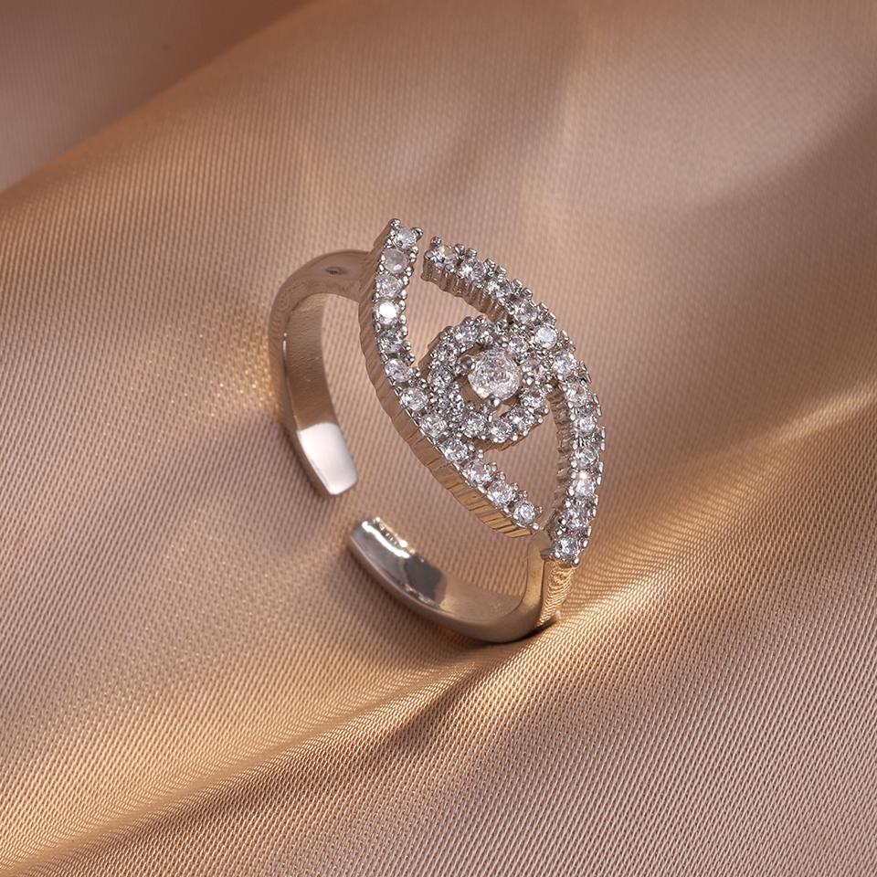 ZAKOL Fashion Turkey Evil Eye Zircon Inlaid Adjustable Open Rings Sliver Gold Color Aesthetic Ring Party Zircon Anillos Mujer