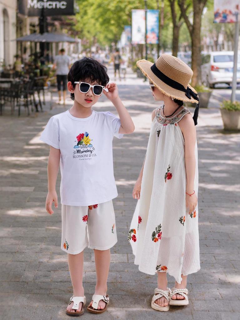 Korean Mother-Daughter Cotton Midi Dresses - Stylish Short Sleeve Summer Print