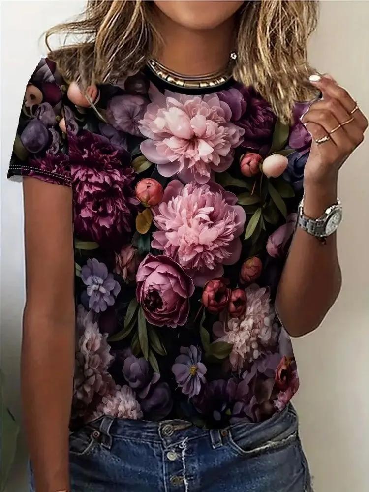 Fashion Women's Crew Neck T-Shirt 3D Flower Color Printing Crew Neck Short Sleeve