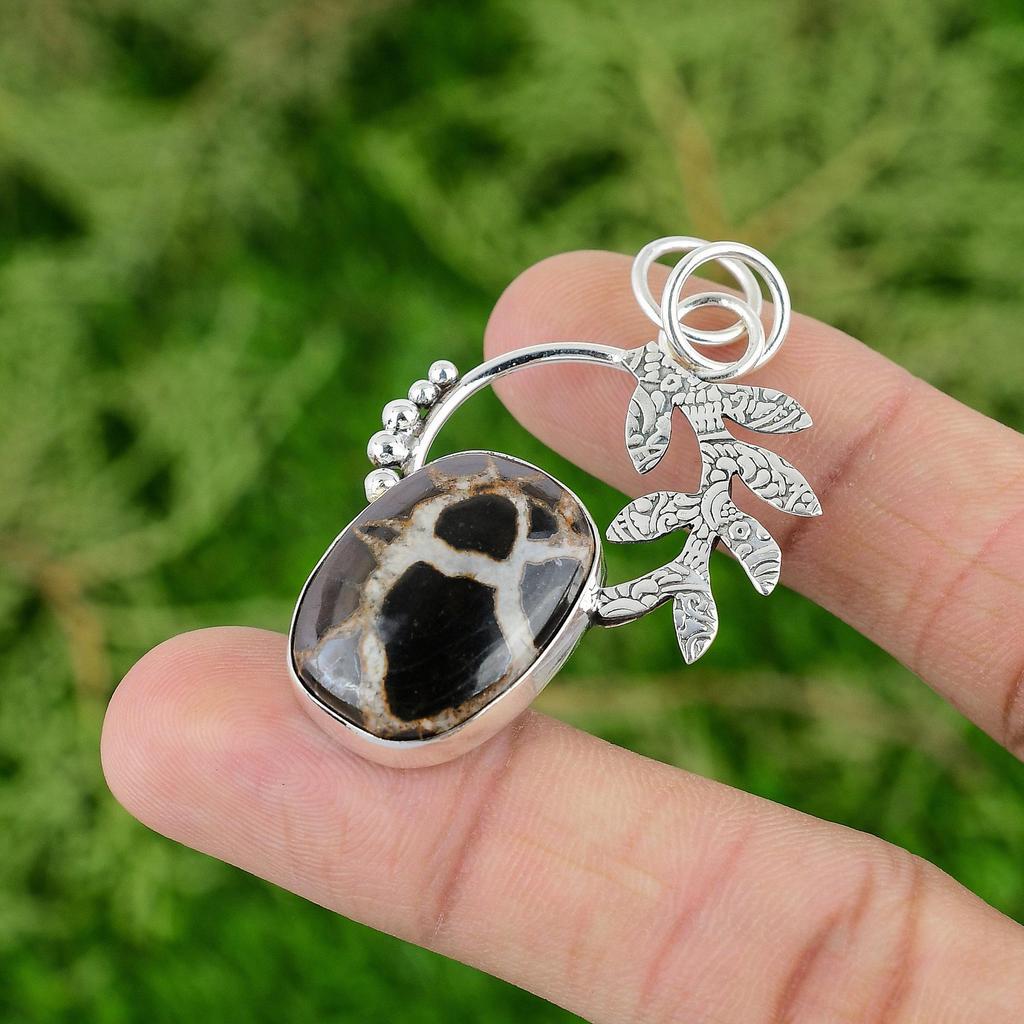 Natural Moroccan Mud Crack Fossil 925 Silver Wedding Wife Bezel Ethnic Pendant