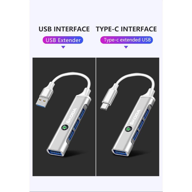 4 Ports USB 3.0 HUB TYPE-C Multi High Data Transmission Car Adapter for Skoda Fabia Kodiaq Kamiq Superb Yeti Octavia Enyaq Rapid Karoq Derivati