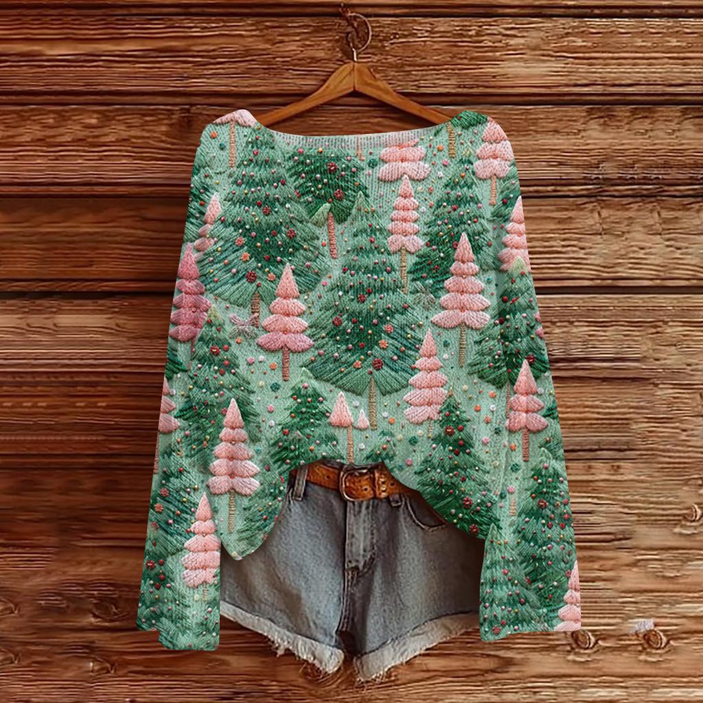 Ladies' Fashionable Casual Long Sleeved Christmas Printed Round Neck Knitted Yarn