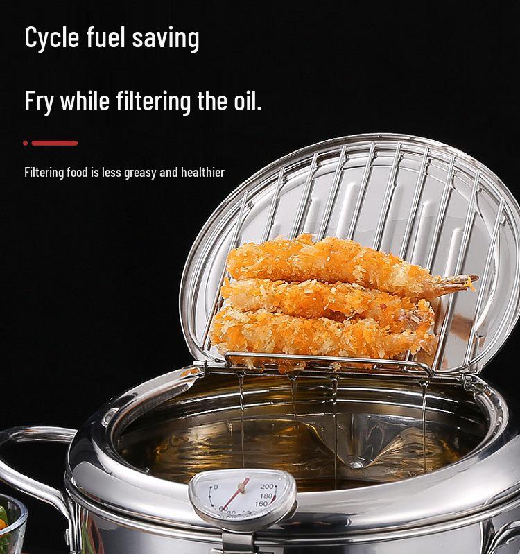 304 Stainless Steel Japanese Tempura Fryer Pot with Thermometer and Oil Rack