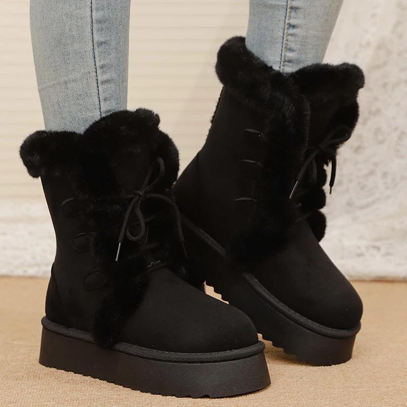 Women's Winter Warm Fur Snow Boots Lace Up Fluffy Plush Platform Ankle Boots for Women Thick Bottom Non Slip Cotton Padded Shoes