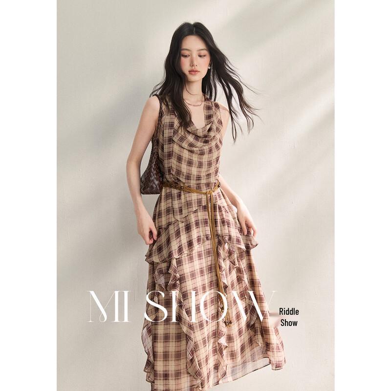 

Miuxiu Plaid Cowl Neck A-Line Midi Dress with Belt L