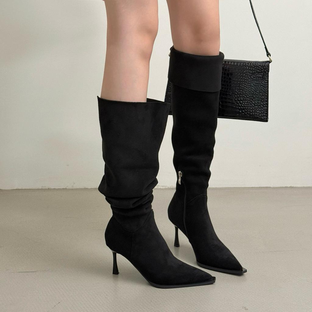 New products in the year, two-wear Korean version of pointed suede folding stiletto over the knee boots, versatile side zipper boots