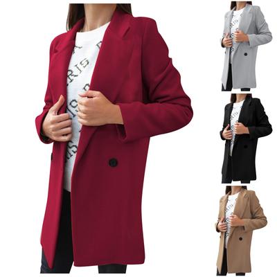 Women's Fashion  And Winter Solid Color Long-sleeved Double-breasted Button Suit Collar Woolen Jacket Women
