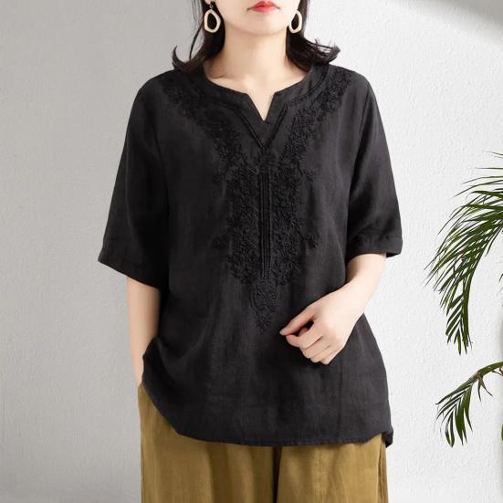 Women Tops V-Neck Short Sleeve Embroidery Flower Pattern Pullover Tops Solid Color Loose Fit Casual