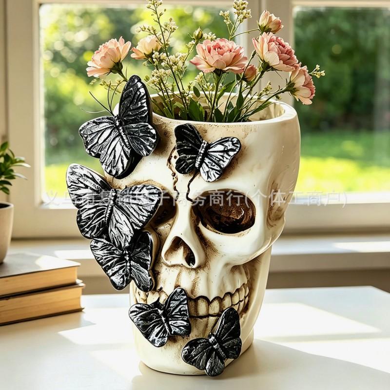 Halloween Skull With Black Butterfly Resin Desktop Organizer Decorative Vase Home Party Decoration Craft