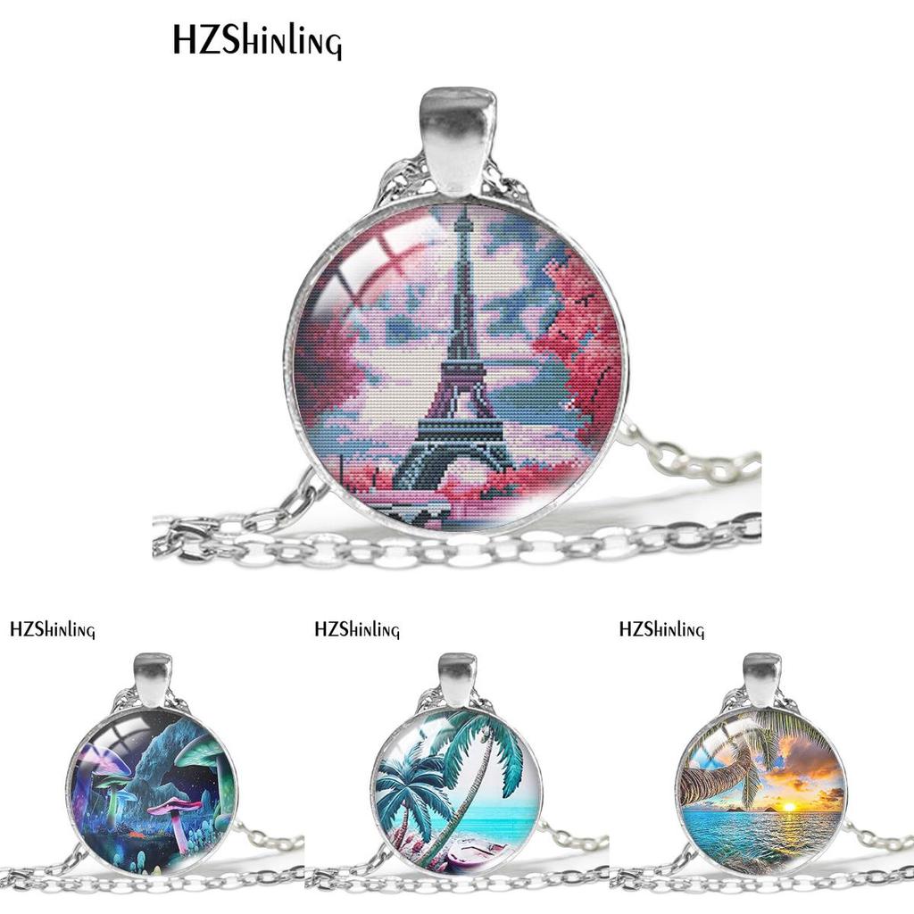 Gorgeous Beach Themed Silver Necklace Featuring Paris Eiffel Tower Pendant And Gemstone