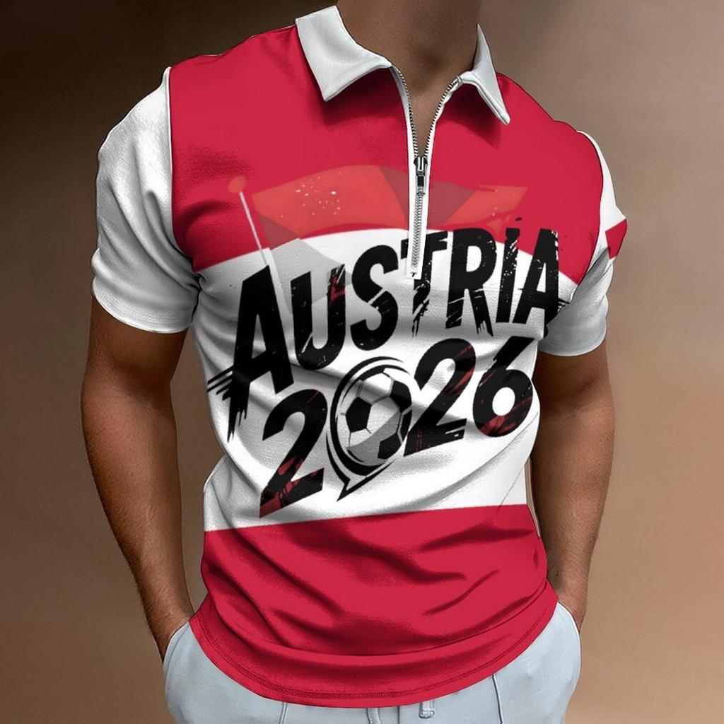 Men’s Casual Loose Fit Polo Shirt with Letter Print and Soccer Graphic Short Sleeve Top Zipper Collar Comfortable Design