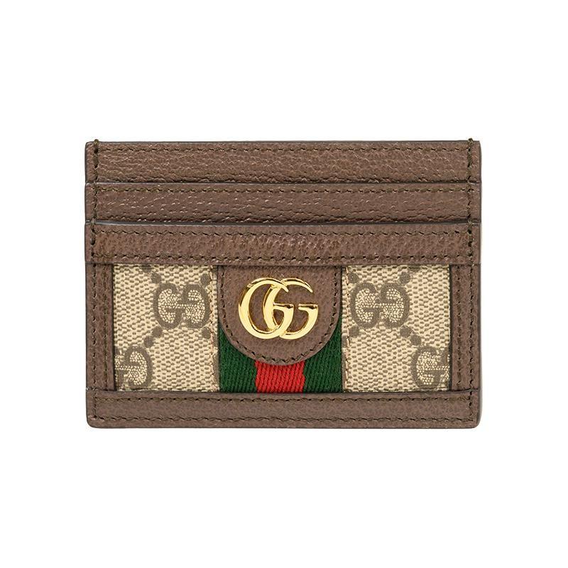 

Gucci GG Supreme Canvas Card Holder Brown Leather With Web Stripe Gold Hardware For Unisex Daily Use Gift Set(Basic Set+Box+Shopping Bag)