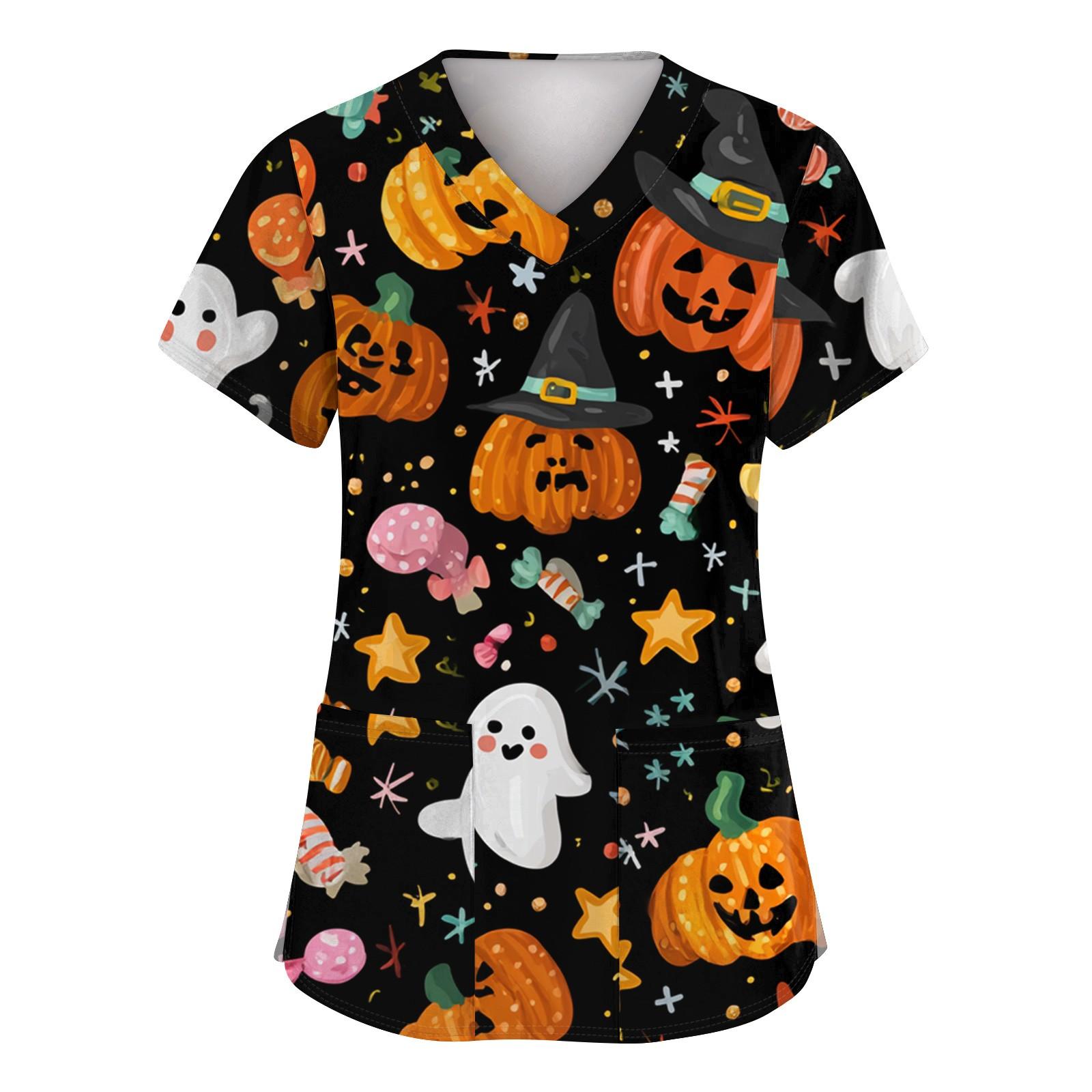 

Women s Fashion Short Sleeve Halloween Printed V-Neck Pocket Workwear Tops XXL Темно-синій