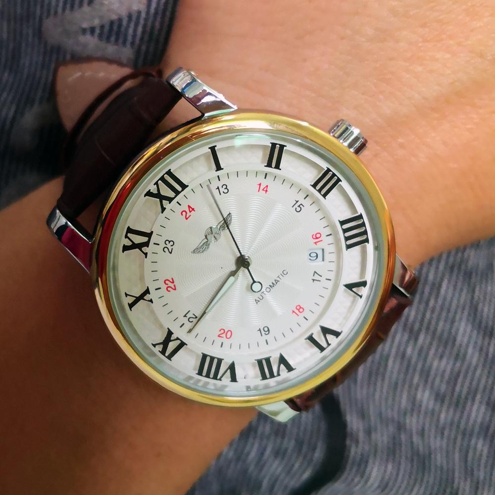 Relogio Relojes New Fashion Rose Gold Watches Day Date Automatic Self Wind Leather Strap Men's Watches Mechanical Watches