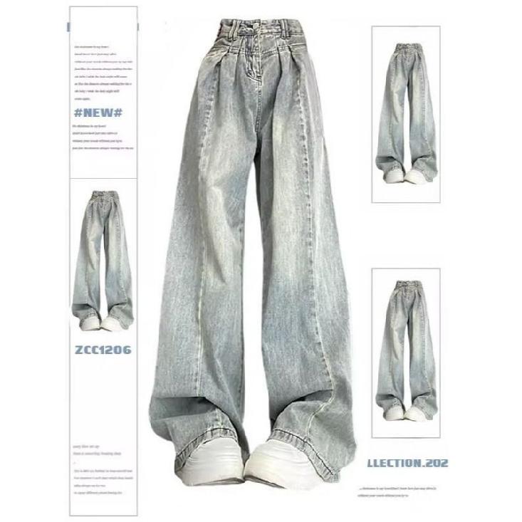 

Retro light-colored pleated design wide-leg jeans for women, 2026 spring and autumn collection, high-waisted, loose-fitting, drapey, floor-length S синий