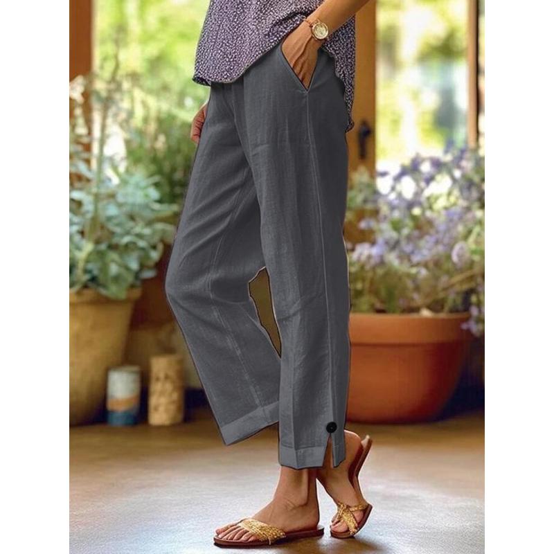 Women's Casual Pants Cotton and Linen Blend Elastic Waist Pocket Fashion Simple Slit Button Basic Versatile Straight Leg Pants