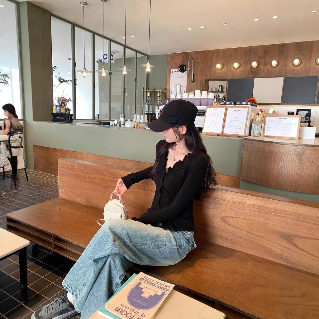 Korean Elegant Ruffle V-Neck Cardigan Women's Slimming Base Layer T-Shirt Top for Autumn/Winter