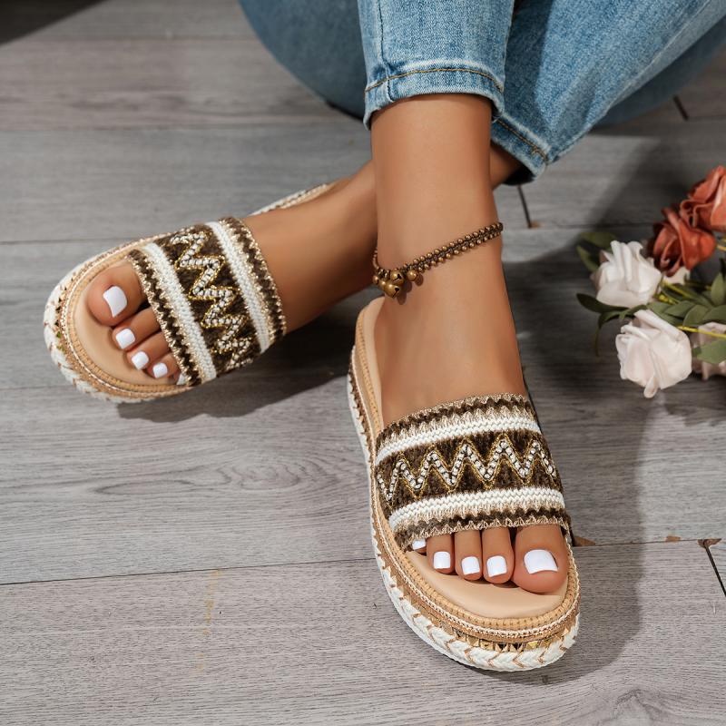 Fashion Ethnic Weave Straps Beach Platform Wedge Slippers Women 2025 Summer Bohemia Medium Heels Slides Luxury Comfort Outdoor Slides
