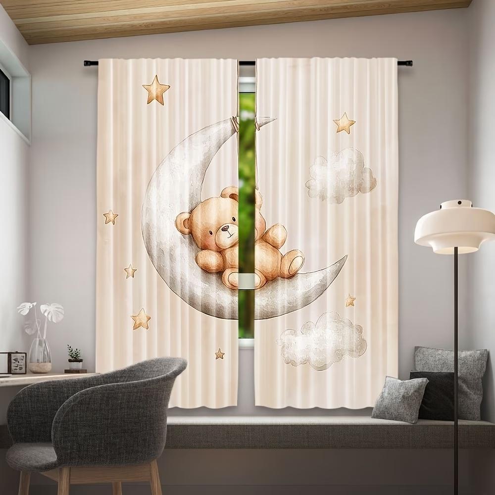 2PCS Digital Printed Curtains, Little Bear Moon Starry Night Cute Kids, Window Curtains for Living Room Bedroom Home Decoration