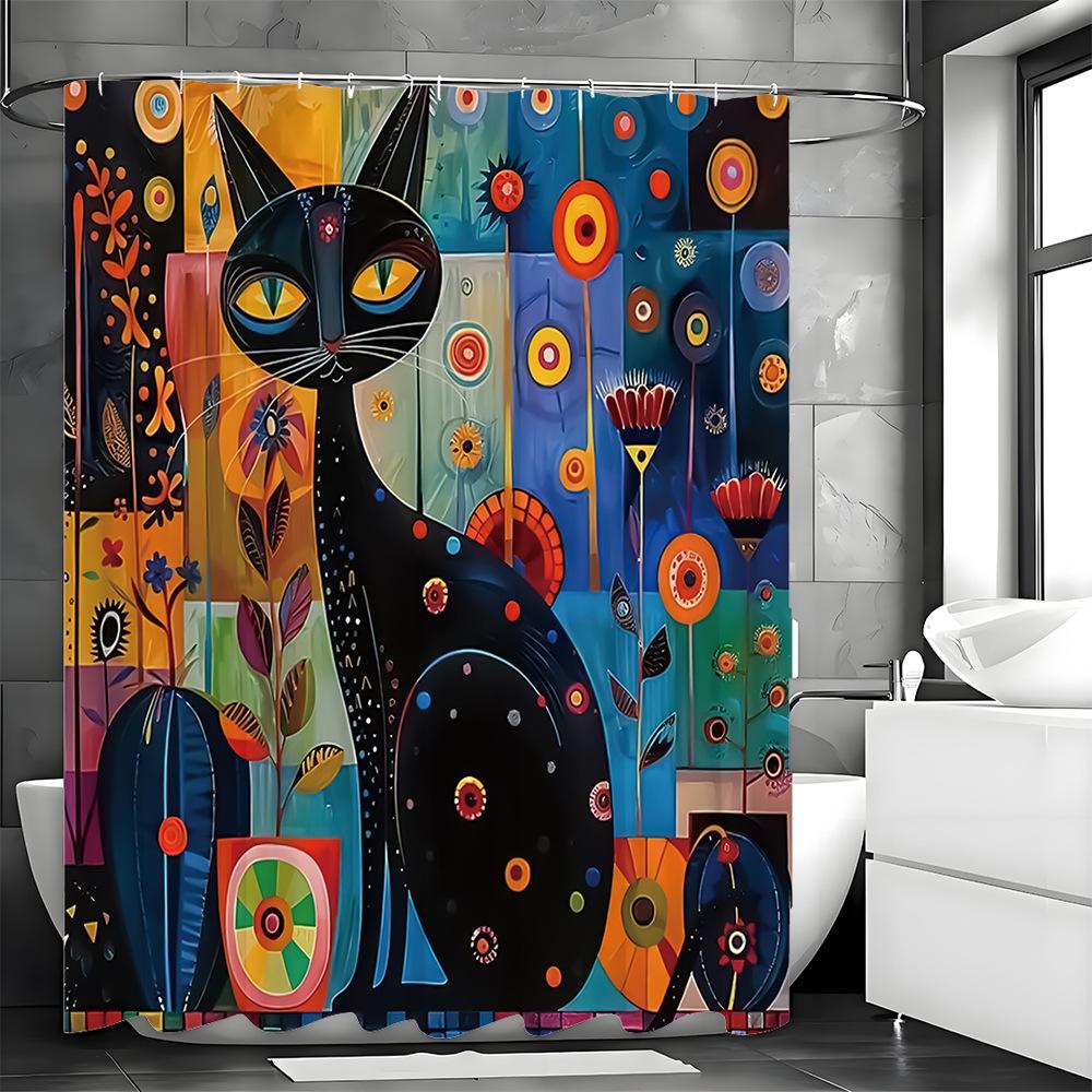 

Creative Art Color Block Black Cat Shower Curtain Washable Dirt-Resistant Shower Head Waterproof Polyester Bath Curtain 90x180CM