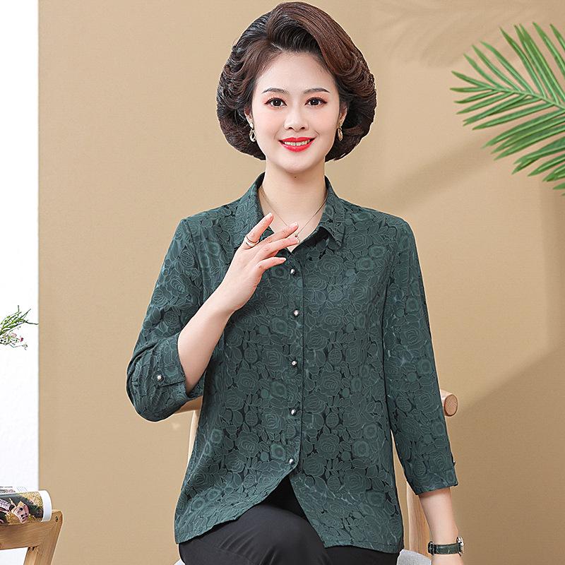 

Silk Lapel Cardigan: Tummy-Covering Seven-Sleeve Shirt for Middle-Aged & Elderly Women - Spring/Summer Collection 2XL (110-120 lbs) зелёный