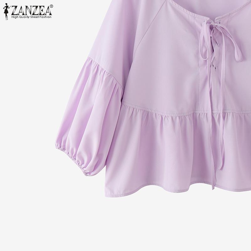 ZANZEA Dámské vintage halenky s kulatým výstřihem, lucernou a 3/4 rukávem a zavazováním