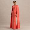 Women Coral Orange Round Neck Cape Sleeve Maxi Dress Plus Size Slim Fit Bodycon Elegant Formal Evening Prom Party Wedding Guest Gown