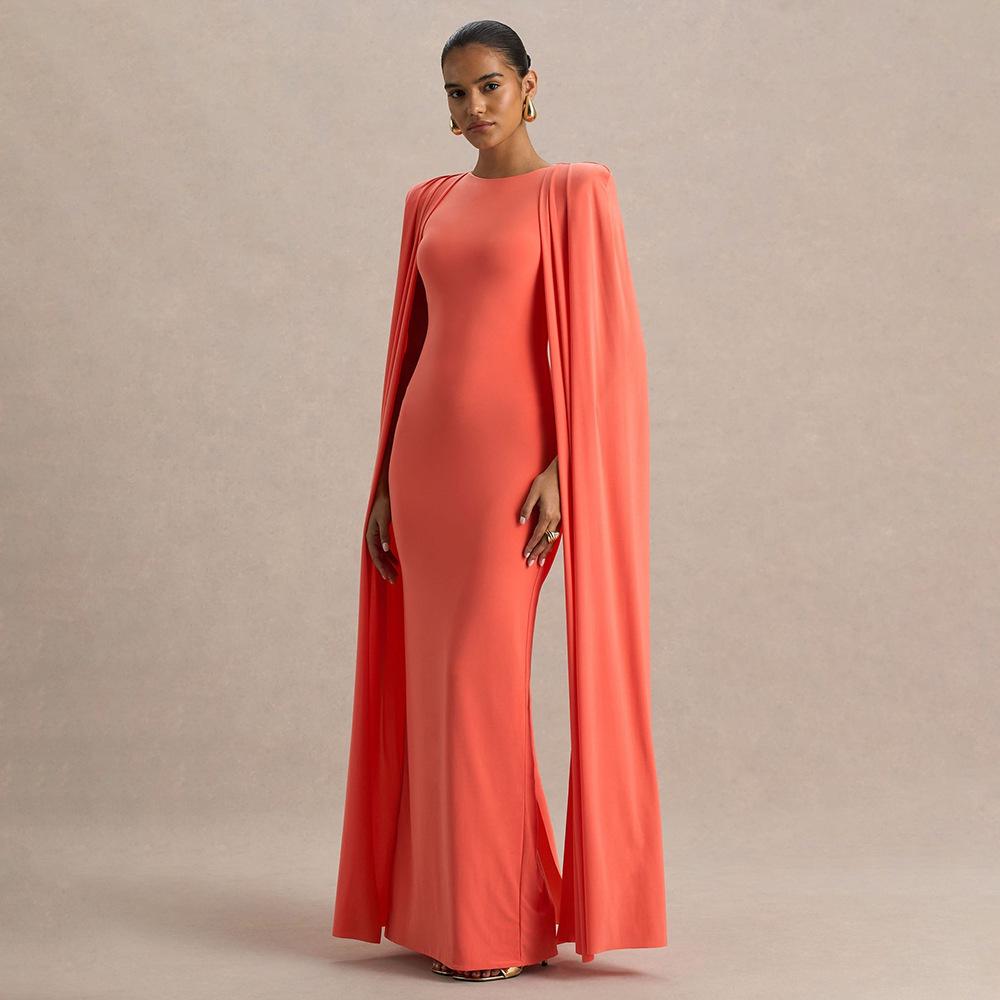 Women Coral Orange Round Neck Cape Sleeve Maxi Dress Plus Size Slim Fit Bodycon Elegant Formal Evening Prom Party Wedding Guest Gown
