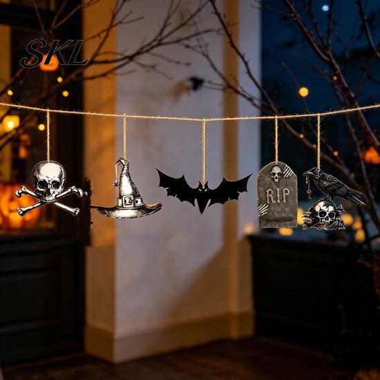Spooky Party Decorations 6Pcs Halloween Wooden Hanging Decoration, Ghost Pumpkin Eyeball Themed Decoration Ornament with Rope, Holiday Decor Wall