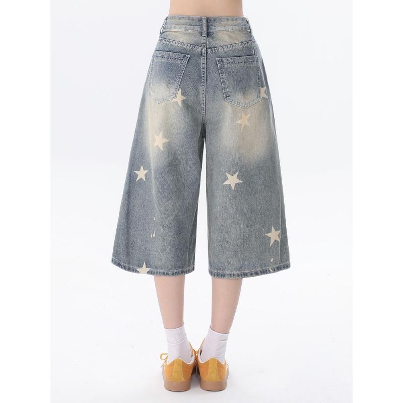 Women American Retro Distressed Star Print Loose Denim Cropped Pants