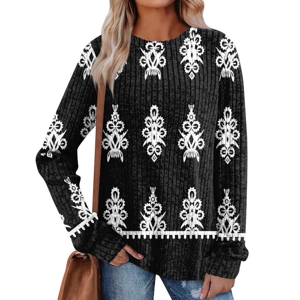 Women's Printed Lightweight Brushed-Cotton Round Neck Top