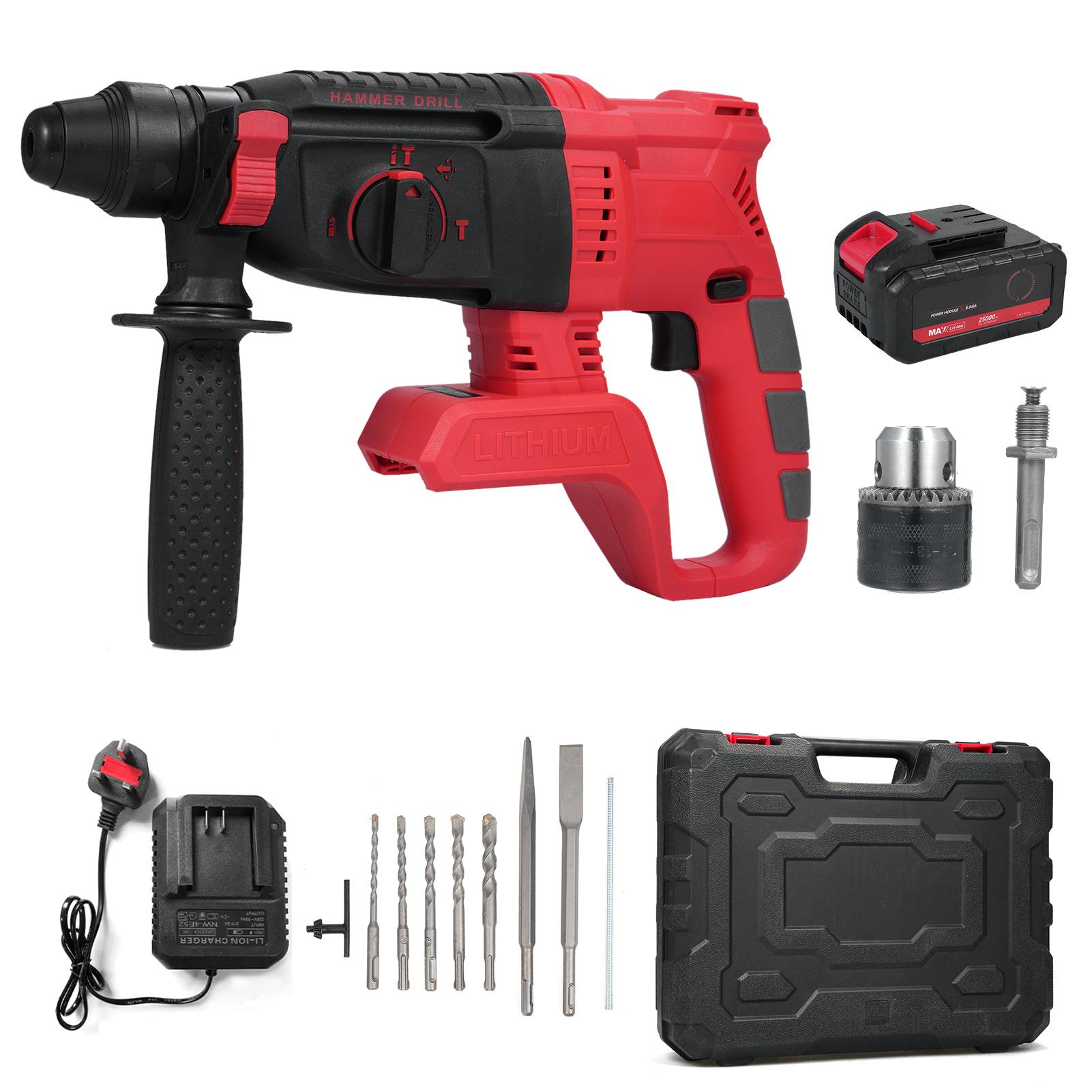 

Бесщеточный перфоратор Перфоратор Дрель с 3 режимами Переключатель скорости 360 градусов Регулируемая ручка UK Plug & 1 Battery