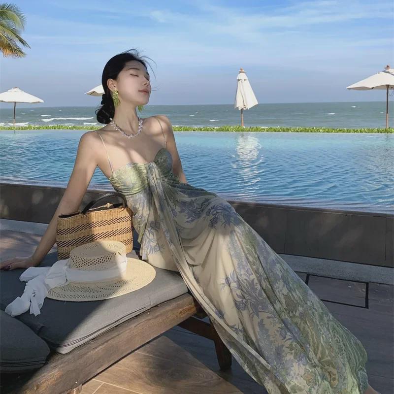 French-Style Summer Fairy Mesh Print Tube Top Dress